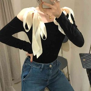 Bluzka Kobiety Lace Up Bow Długi Rękaw One Ramię Velvet Damskie Topy Koszule Blusas Kobiece Czarne Kobiety Ubrania 2788J 210420