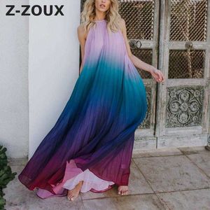 Kobiety Dress Bez Rękawów Backless Beach Loose Długi Szyfonowy Gradient Letnie Es Fashion Plus Size 210524