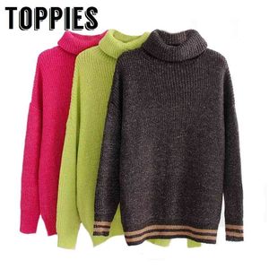 Winter Candy Color Oversized Turtleneck Sweater pink Mustard Loose Knitted Jersey 210421