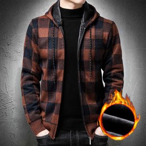 Homens Cardigan Cardigan coreano com padrão de xadrez com capuz estilo vintage camisola camisola homens com capuz jaqueta de camisola de lã quente quente y0907