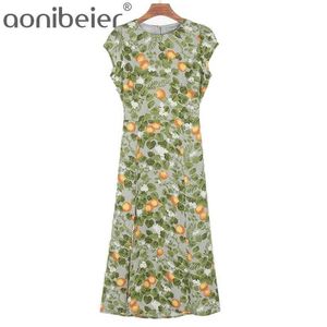 Sommer Frauen Frische Zitrone Druck Strand Urlaub Casual Kleid Aushöhlen Zurück Hohe Split es Mid-Kalb Taille 210604