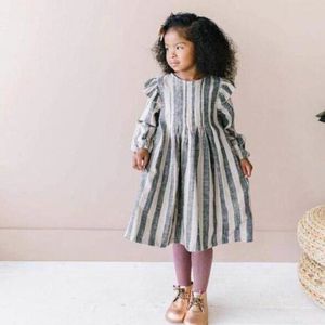 Mode Stripe Party O-Neck Kids Dress Långärmad Casual Striped Dresses For Girls School 210413