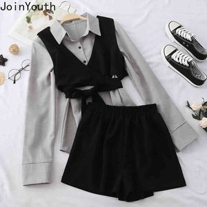 SLUTYOUTH 2020 Spring Women 3PCs Sets Fashion Bandage Sling Vest + Långärmad Slå ner Collar Blouse + Shorts Passar 59153 x0428