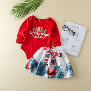 Fashion Baby First Christmas Clothing Set Girls Outfit Pagliaccetto rosso e gonna stampata Ins Letter Year Toddler Clothes 210529