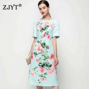 Europe Fashion Summer Blommig Print Runway Klänning Kortärmad Robe Elegant Kvinnor Söt kontor Party Vestidos Green 210601