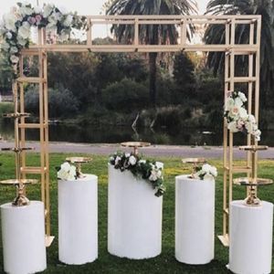 Högkvalitativa bröllopsmöbler Inga fyrkantiga guldvita plintar står Pedestal display Metal Wedding Flower Frame Backdrop Arch Stand Senyu521