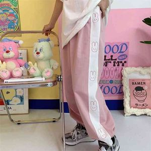 Mingliusili Kawaii Wide Leg Pant Spring Fashion Kanin Print Byxor Kvinnor Koreanska Hög midja Rosa Söt Casual Pants 210925