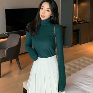 Korean Women Blouses Tops Woman Long Sleeve Blouse Turtleneck Shirt White Top Plus Size Stretch Basic Shirts 210604