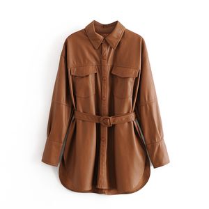 XNWMNZ za Women Fashion With Belt Faux Leather Loose Jacket Coat Vintage Long Sleeve Pockets Female Outerwear Chic Tops