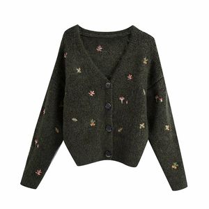 Women Retro Sweet Embroidered V-Neck Cardigan Sweater Female Chic Long Sleeve Casual Slim Coat 210520