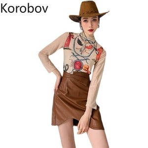 Korobov Yaz Yeni Varış Kadın Tee Tops Kore Karikatür Baskı Standı Yaka Uzun Kollu Meah T Gömlek Streetwear T Shirt 210430