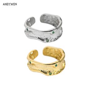 Andywen 100％925スターリングシルバーゴールド厚グリーンサイズ変更可能な女性リングジュエリー結婚式ギフトパーティー210608