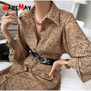 Camisa de vestido de grandes dimensões Vintage com coleira es para tornozelo-comprimento maxi preto leopardo impressão primavera 210428