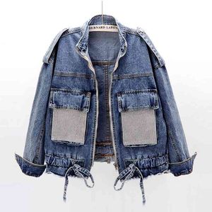 Frauen Stehkragen Reißverschluss Diamant Tasche Jeansjacke Punk Moto Biker C0144 210514