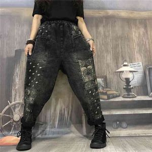 Varış Sonbahar Sanatlar Stil Kadınlar Elastik Bel Gevşek Rahat Pamuk Denim Harem Pantolon Vintage Baskı Jeans Artı Boyutu S617 210629