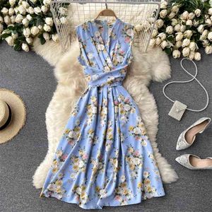 Women's Summer Fashion Sexy V-neck Sleeveless High Waist Slim Floral Print A-line Dress Clothing Korean Vestidos S743 210527