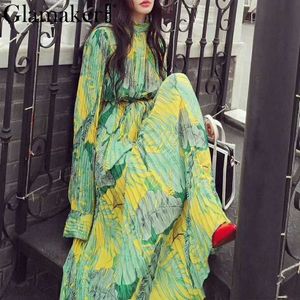 Glamaker Pleated floral print maxi chiffon drWomen holiday summer beach long sleeve drFemale boho sexy retro drrobe X0621