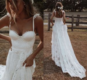 Bohemian Country Wedding Dresses 2021 Sweetheart Lace Applique Fairy Summer Beach Seaside Bride Garden Reception Dress Robes