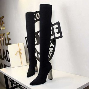 Boots Women's Sexy Thigh High Party 2021 Heels Shoes Knitting Winter Nightclub Female Knee Stretch Fabric Sock