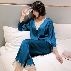 Daeyard Sexy Lace Trummed Pajama набор для женщин весна лето с длинным рукавом шелковые пижамы мягкие пижамы, повседневная домашняя одежда 2 шт. Pijama 210928