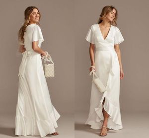 Flutter Ärm Sträcka Satin Bröllopsklänning Med Ruffle Hem Enkel Design Bohemian Summer Beach Seaside Bridal Dresses Gown