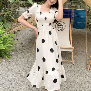 Fransk stil vintage bubbla ärm kort klänning kvinnor fyrkantig krage nisch våg punkt lång kvinnlig robe vestidos 14105 210508