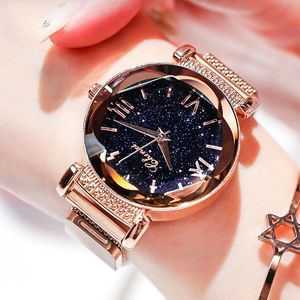 Magnete Orologi da donna Orologio blu viola Orologio da donna Pave Bling Bling Cristallo stellato Strass Ladys Quarzo Donna Finitura Lega Oro rosa Orologi da polso Ragazze