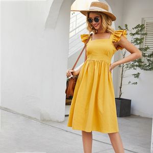 Vintage ruffle backless summer women dress casual sleeveless cotton yellow midi dress sexy back lace up beach elegant dress 210415