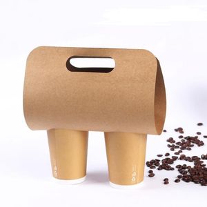 Disposable Kraft Paper Cup Base Holder with Handle Eco Friendly Coffee Milk Tea Cups Tray Takeaway Drink Packaging RRA9585