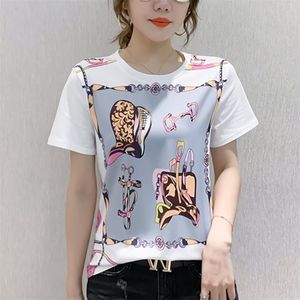 Camisetas com manga curta Mulher T Shirt Coreano Moda O Pescoço Vintage Verão Branco Pactwork Feminino T-shirt Top Tee Femme 210722