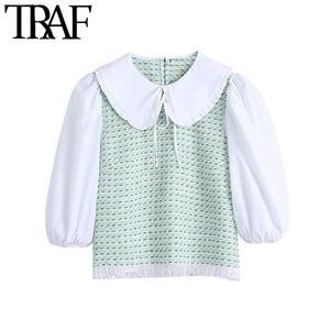 女性の甘いファッションパッチワークTweed Blousesヴィンテージピーターパン襟擦れの裾の女性のシャツBlusas Chic Tops 210507