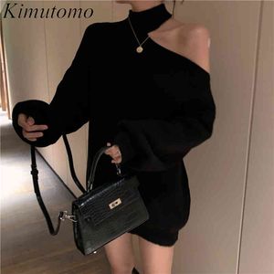 Kimutomo Sweater Turtleneck Mulheres Outono Inverno Sólido Desligado Um ombro Senhoras Solta Preto Tricotadas Pullovers Casual Moda 210521