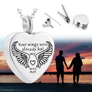 Angel Wings Cremation Schmuck Urne Halskette Edelstahl Herzförmige Anhänger Schmuck Mann / Frau Halskette Andenken Geschenk-Vier-teiliges Set