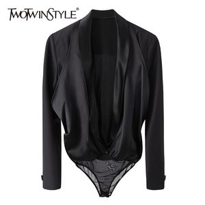 Sexy Black Bodysuit para mulheres profundas vice-pescoço de manga longa cintura alta malha ruched slim bodysuits verão feminino 210521