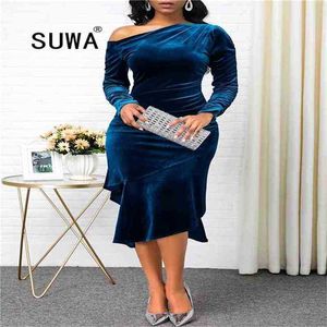 Wiosna Vintage Sexy Off Ramię Party Sukienka Ślubna Kobiety Casual Plus Size Slim Velvet Ruffles Office Work Wear 5XL 210525