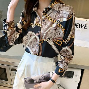 Women's Blouses & Shirts Women Chain Printed Satin Imitation Silk Long Sleeve Blusa OL Style Loose Casual Oversized Top