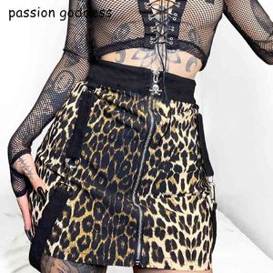 Новая мода 2021 плюс размер женщин сексуальная улица носить леопардовый печать короткие скинни карандаш юбка ремешка череп молния Bodycon мини юбка X0428