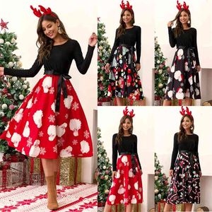 Mode Långärmad Jultryck Stitching Belt Big Swing Dress Ladies Lace Up Bow A-Line Midi Es Woman Robe 210517