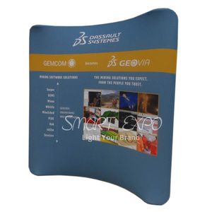 8ft Horizontal Curved Tension Fabric Exhibition Display Retail Supplies with Thick Aluminum Tube Printed Graphic Portable Carry Bag