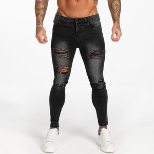 Dark Washed Black Jeans for Men Slim Fit Men Denim Jeans Casual Ripped Jeans Men Elastic Waist zm112