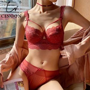 Cinoon Top Ultra-Thin Underkläder Set Push-Up Bra och Panty Sats Hollow Brassiere Samla Sexig Bra Plus Storlek Lace Underkläder Set 211104