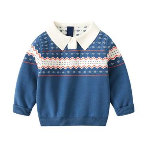 秋の秋冬少年男の子ニットセーターの巻き戻しカラー幾何学的ニットセーターねじネック暖かいプルオーバー服1-6t Y1024