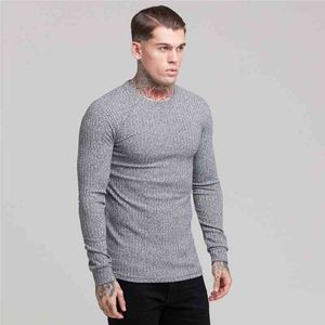 Muscleguys New Outono Mens T Camisa Fina Pullover Suéters Sólida Casual O Pescoço Manga Longa Knitwear Top Masculino M-2XL 210421