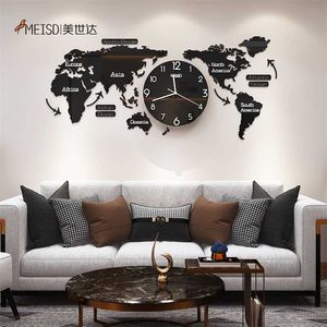 120CM Punch-free DIY Black Acrylic World Map Large Wall Clock Modern Design Stickers Silent Watch Home Living Room Kitchen Decor 211110