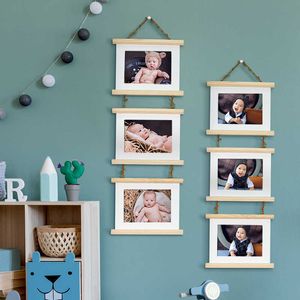 7 Inch Combination 3 Connected Wall Hanging Po Frame Simple Solid Wooden Clip Paper Picture Holder Home Decoration Wood Frame 210611