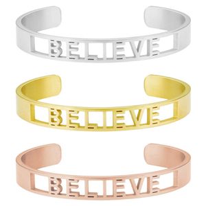 Carvort Believe Engraved Bracelet Women Inspirational Stainless Steel Bangle- Gold, Rose Gold 8mm Width Bangle Bracelets Q0719