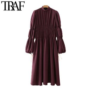 Women Chic Fashion Elastic Gathering Detail Loose Midi Dress Vintage Long Sleeve Side Vents Female Dresses Mujer 210507