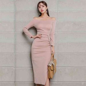 Autumn retro Pink Dress Korea Ladies Off shoulder Long SLeeve bodycon Party Dresses For women clothing 210602
