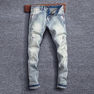 Homens jeans estilo italiano moda homens retrô luz cinza azul elástico magro apto rasgado retalhos designer vintage calças casuais