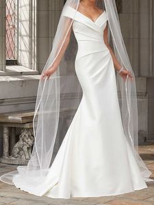 Simple New Mermaid Suknie Ślubne Off Ramię V-Neck Ruched Draping Satin Bridal Gown Vestidos de Novia Custom Made 2022 Robe de Mariage